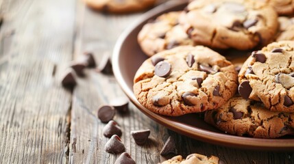 Freshly Baked Chocolate Chip Cookies on a Rustic Wooden Table