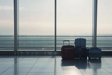 A pair of suitcases sitting in front of a window, possibly awaiting transportation or travel