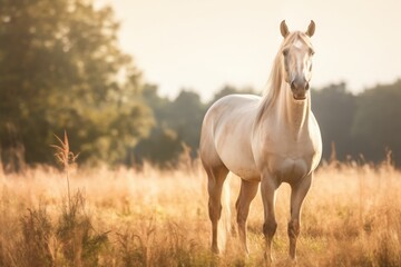 Obraz premium A beautiful white horse stands in a sunny field with tall grass. Concept of nature, freedom, peaceful living