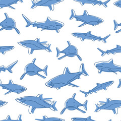 Seamless children pattern with blue sharks and their lines on white background