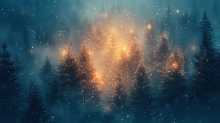 Obraz premium Christmas and New Year abstract festive background with winter forest and snowflakes