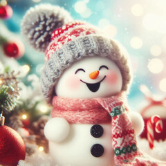 Fototapeta premium Closeup of cute funny laughing snowman with wool hat and scarf