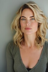 Naklejka premium Blonde Woman With Wavy Hair Posed Against Neutral Background