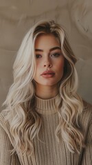 Fototapeta premium Portrait of a Young Woman With Long Wavy Hair in Cozy Sweater