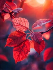 Red leaves on a branch glowing in autumn sunlight, vibrant hues, backlit, close-up, nature photography