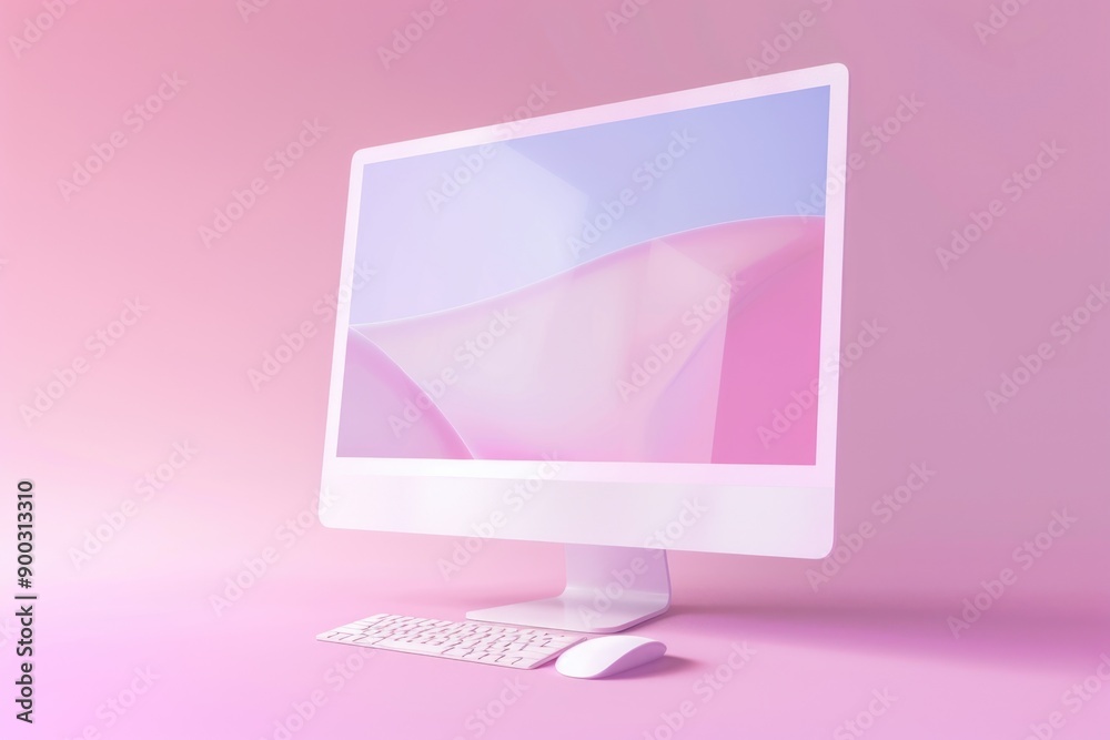 Poster a computer monitor sitting on a desk, suitable for office or home use
