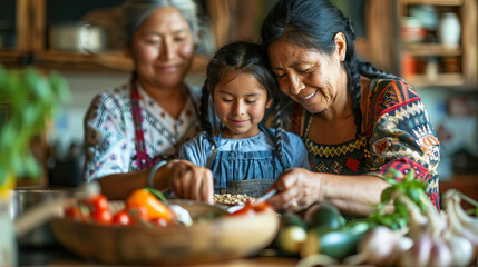 happy Indigenous cooking preparing meal together in kitchen, bonding concept.