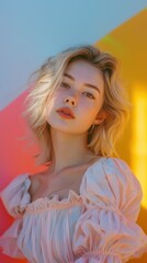 Fototapeta premium Young Woman Posing Against Colorful Background in Soft Evening Light