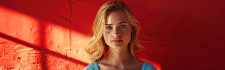 Fototapeta premium Young Woman Posing Against Bright Red Wall in Soft Morning Light