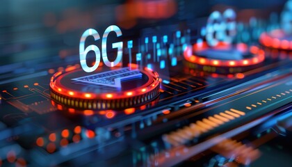 Futuristic technology concept featuring 6G connectivity with illuminated circuits and high-tech elements design.