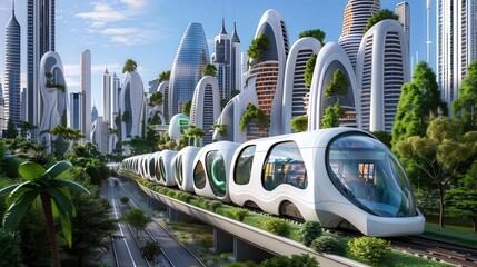 Futuristic train gliding through a vibrant cityscape filled with innovative architecture and lush greenery.