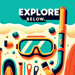 Fototapeta premium Snorkel gear laid out on a sunny beach. Vibrant Minimalistic simple illustration with the text 