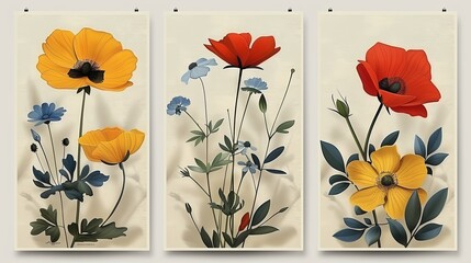 vector, illustration, Vector illustration set of botanical posters with different flowers. Art for for postcards, wall art, banner, background. Modern naive groovy funky interior decorations