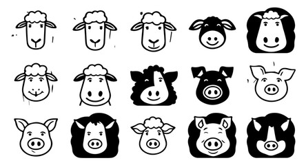 Obraz premium set of animals, goat, pig, sheep, simple vector icon logo design with farm, agriculture, goat, pig, sheep, cow theme, black & white