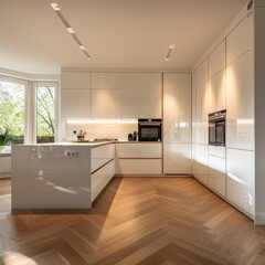 A kitchen with white cabinets and a wood floor. The kitchen has a large oven and a microwave