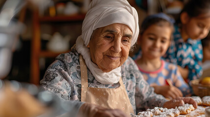 Middle Eastern grandmother Baking cookies with grandchildren in the kitchen for national grandparents day.