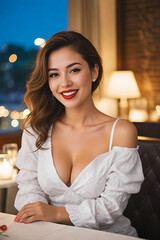A beautiful brunette woman with long hair, in a white dress with a wide neckline, sitting at a table in a restaurant.