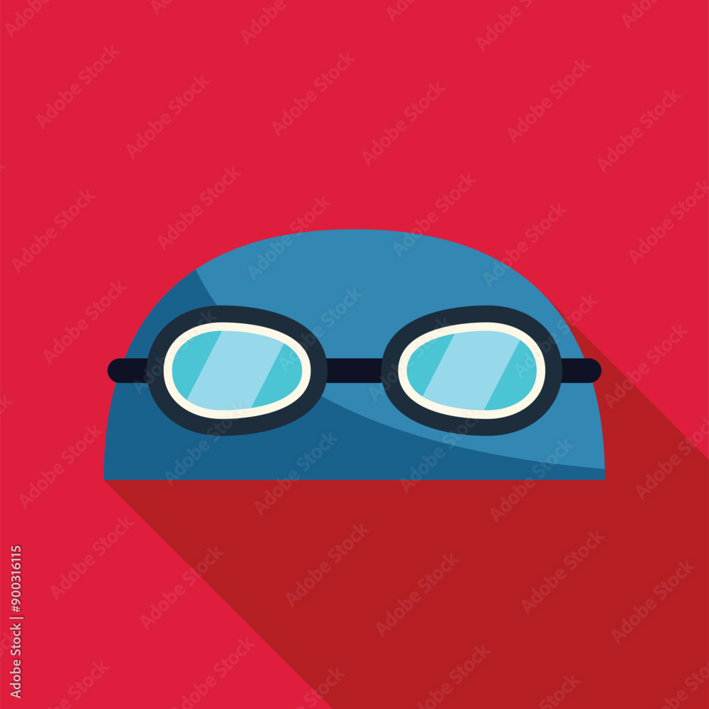 Wall mural Blue swimming cap and goggles lying on red background, evoking swimming pool, summer, and water sports