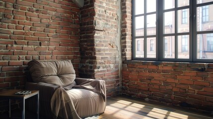 Cozy Armchair by Large Window in Rustic Brick Apartment