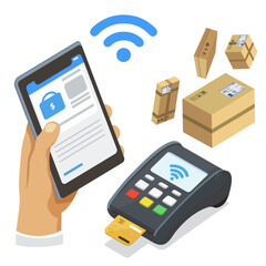 The method of payment by card through the Pos terminal. Flat, cardboard on a pure white background