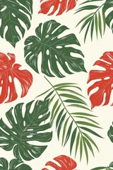 Tropical Leaves Pattern With Green and Red Color Palette