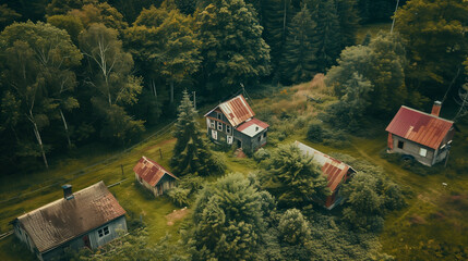 A drone view of a rural settlement from the early 20th century, with houses and farm buildings located on a picturesque meadow.
