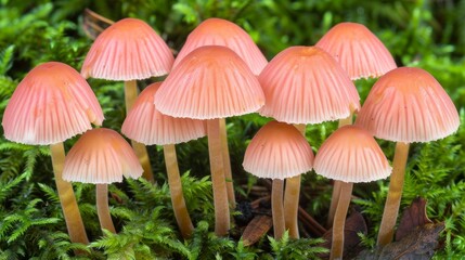Fototapeta premium Macro photography detailed close up of tiny mushrooms in lush moss covered forest
