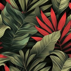 Vibrant Tropical Leaves Pattern in Green and Red Shades
