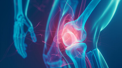 Fototapeta premium Three-dimensional medical X-ray image of the knee in a blue tint. Knee joint pain, inflammation in a patient suffering from arthritis. 