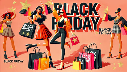 Obraz premium Popart, retro style women, black friday concept with shopping elements