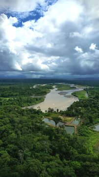 vertical Aerial drone view of Pastaza River and Ecuadorian jungle from Indichuris viewpoint, Ecuador