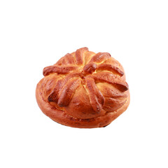 Round baked sweet kalach on a white background