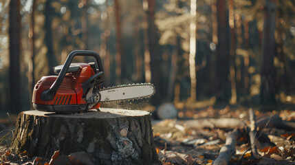 A chainsaw placed on a tree stump in the forest. A wood-cutting tool used by professional lumberjacks in a natural setting.
