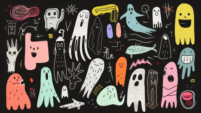 Playful Kawaii Ghost Doodle Line Art on Black Background with Sharp Lines and Varied Shapes - Powered by Adobe