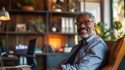 Reflective Senior CEO Inspiring Success in a Relaxed Office Environment