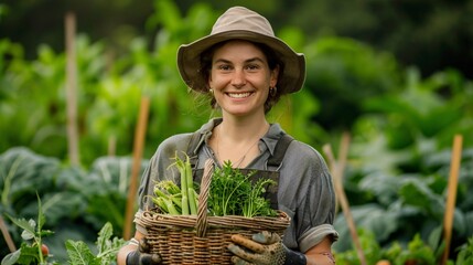 Adult Woman Holding a Basket with Fresh Organic Vegetables on a Chemical-Free Farm