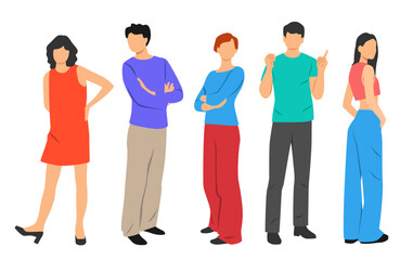 Obraz premium Set of men and women stand, different colors, cartoon character, silhouettes standing people, fashion model, design concept of flat icon, hand draw vector illustration, isolated on white