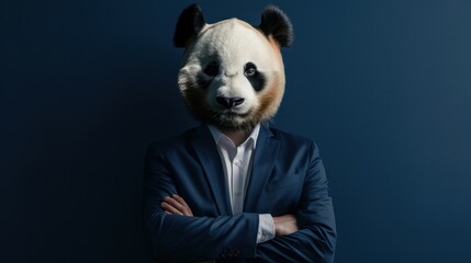 Unique Presentation: Businessman in Panda Head Showcasing Project in Front of Navy Blue Background