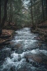 Rocky stream, dense forest, winding water, peaceful woodland,