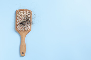 Wooden brush with lost hair on light blue background, top view. Space for text