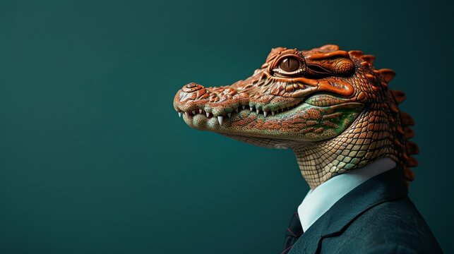 Corporate Challenge: Businessman with Crocodile Head Attending Conference in Dark Teal Background
