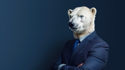 Unusual Leadership: Businessman with Polar Bear Head Leading Team Meeting in Corporate Setting Against Navy Blue Background
