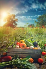 Fresh Vegetables Harvested in Wooden Box Under Sunlight in the Field