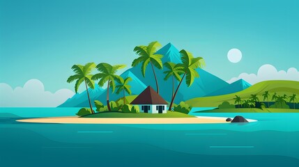 Obraz premium Tropical Island Exploration - Vibrant Flat Design Beach Theme Animation from Side View