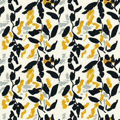 Modern printed fabric wildflower blockprint pattern with linen fabric textures. Stylized hand drawn boho dark florals for decorative design elements in repeatable background tile.