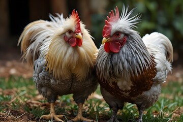 Fototapeta premium Beautiful Prue Bred Golden Duckwing (Grey) American Game Rooster and Hen