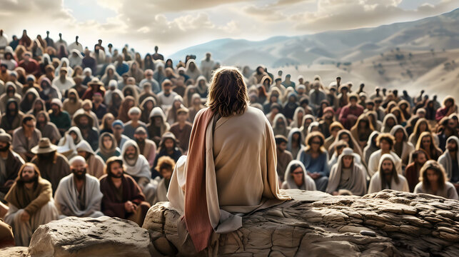 Jesus sat on a rock preaching to a large crowd on the mountain. The crowd looked at Jesus' face and listened intently to His teachings. From the back view of Jesus