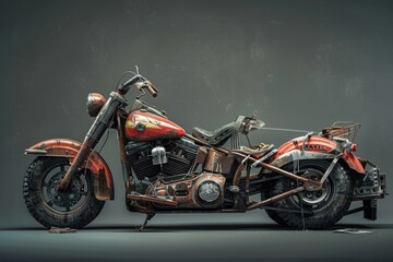 Abandoned motorcycle with rust and grime, possibly in a junkyard or scrap metal yard