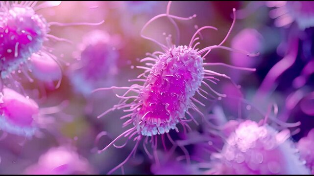 Listeriosis infection caused by pathogenic bacterium Listeria monocytogenes under microscope macro closeup view. Food poisoning contamination, outbreak of disease