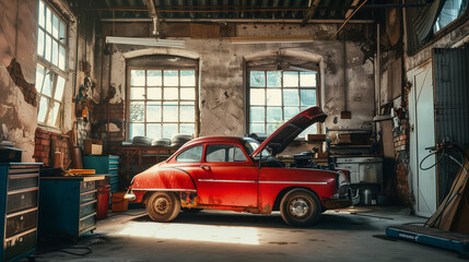 Fototapeta premium An old red retro car with the hood up stands in the garage. Sunlight streams in through the window, and the workshop is quiet 